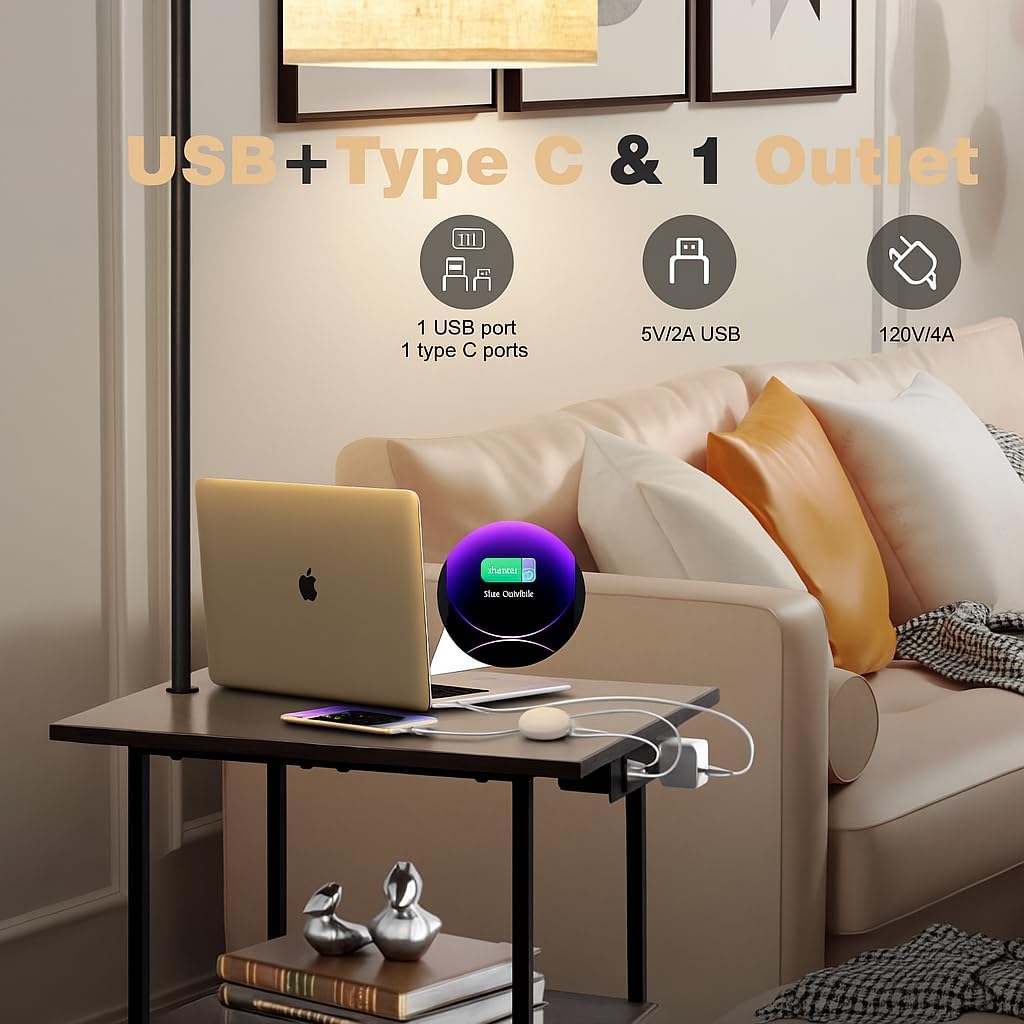 PESRAE Floor Lamp with Table, End Tables with Charging Station.