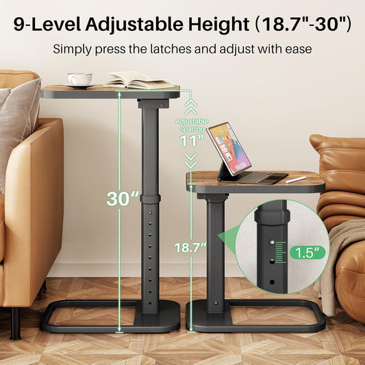 Kitstorack TV Tray Table, Adjustable Height & Flip-Top & Rounded Metal Corners, Snack Table for Couch, Sofa, Bed, Chair, Living Room, C Shaped End.