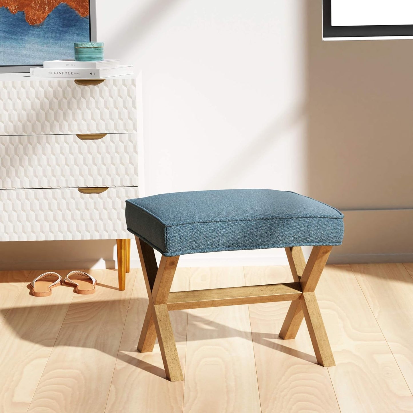 Rivet Mid-Century Modern X Stool Ottoman Chair, 20" W, Indigo -