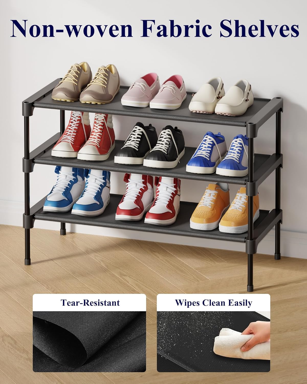 Kitsure Shoe Rack - Non-Woven Shoe Rack Shelf, Shoe Organizer for Closet, Entryway, Garage & Corridor, Stackable Shoe Shelves, 27.5" Wide - 3 Tier,..