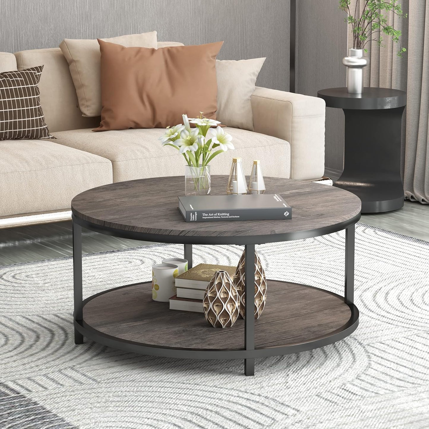 NSdirect Round Coffee Table,36" Coffee Table for Living Room,2-Tier Rustic Wood Desktop with Storage Shelf Modern Design Home Furniture(Light Walnut).