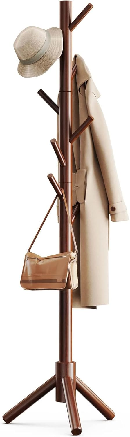 Pipishell Sturdy Wooden Coat Tree with 8 Hooks, 3 Adjustable Sizes for Clothes, Hat Stand Used in Bedroom/Office/Entryway, Brown.