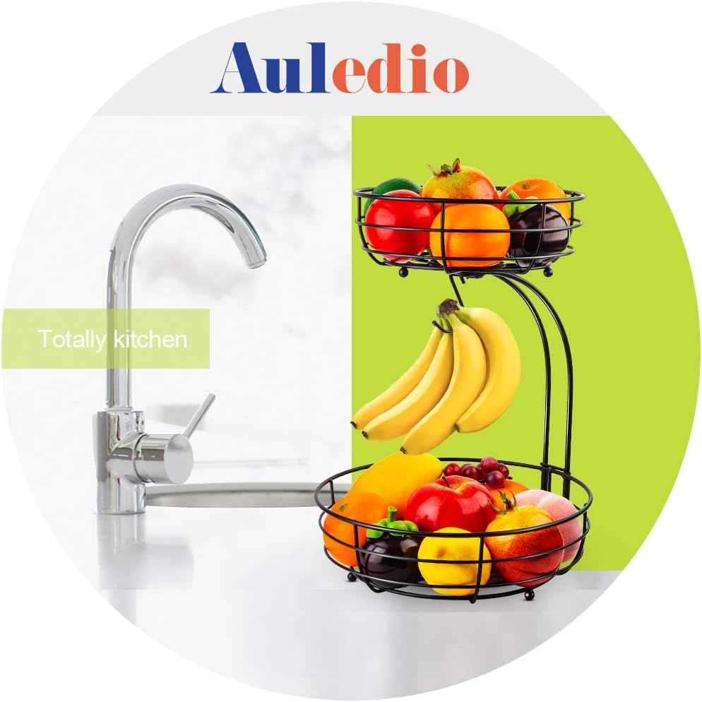 Auledio Iron 2-Tier Countertop Fruit Vegetables Basket Bowl Storage With Banana Hanger.