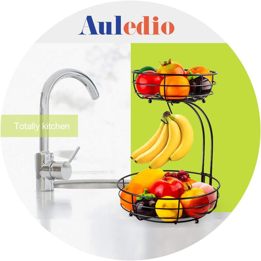 Auledio Iron 2-Tier Countertop Fruit Vegetables Basket Bowl Storage With Banana Hanger.
