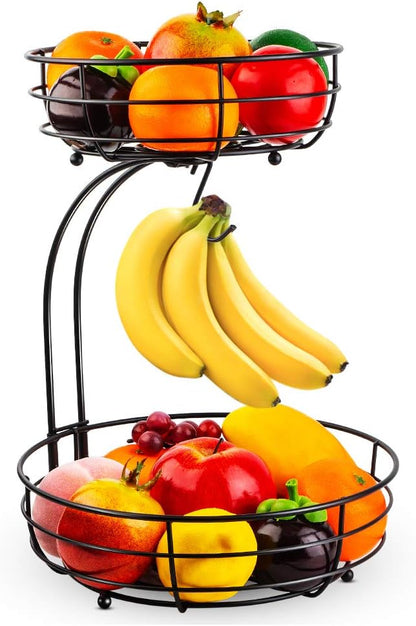 Auledio Iron 2-Tier Countertop Fruit Vegetables Basket Bowl Storage With Banana Hanger.