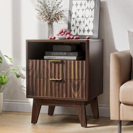 Fluted Nightstand with Charging Station, Modern Bedside Table with 2 Drawers, End Table with Open Storage for Bedroom, Living Room, Walnut.