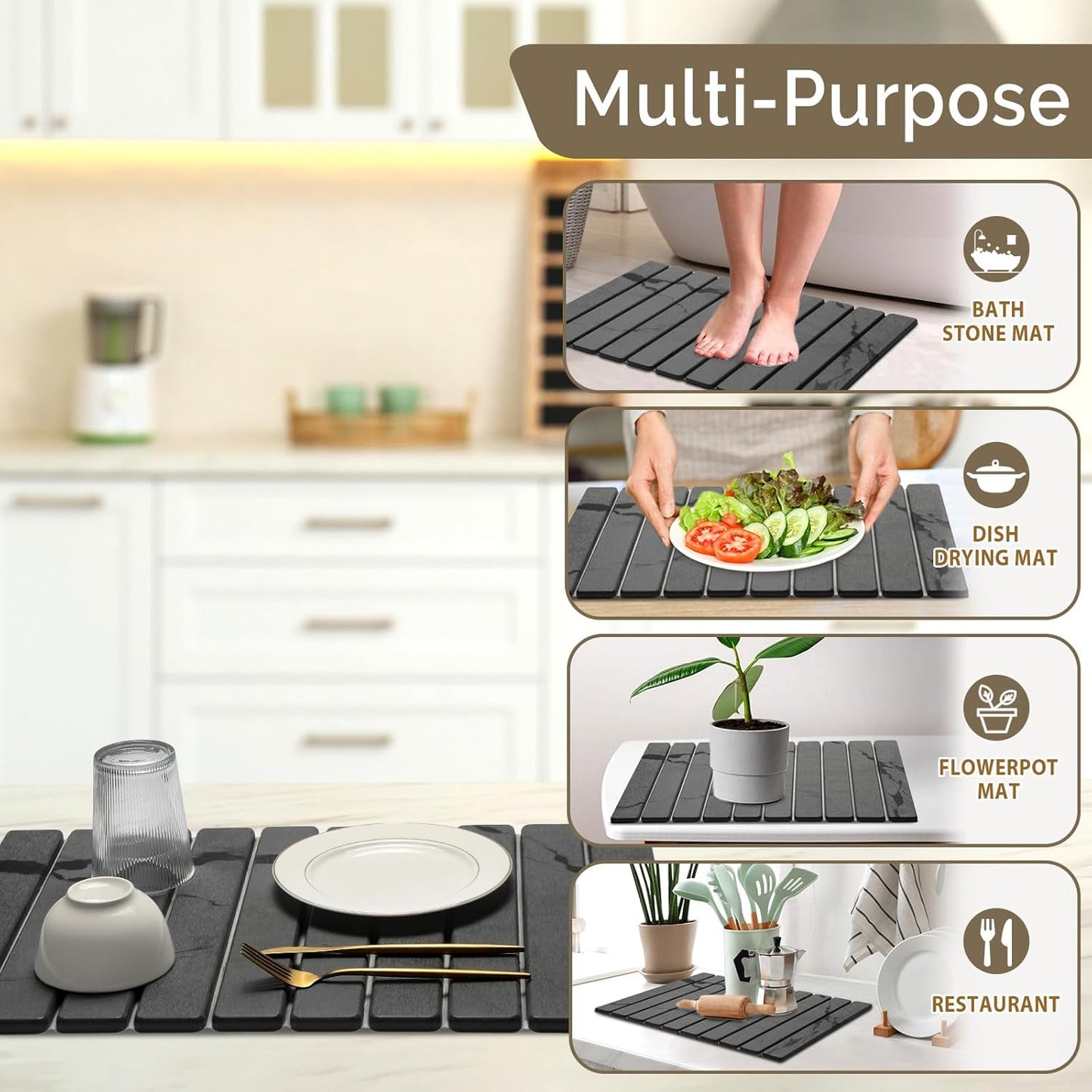 Large Stone Dish Drying Mat for Kitchen Counter, 2PCS Quick Dry Stone Dishes Mat,Foldable .