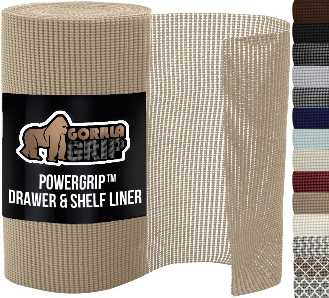 GORILLA GRIP powerGRIP Drawer Shelf and Cabinet Liner, Thick Strong Hold, Non-Adhesive Liners Protect Kitchen Cabinets and Cupboard, Bathroom Drawers, Easy