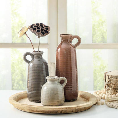 Ceramic Vases Set of 3, Neutral Rustic Farmhouse Vase with Handle.