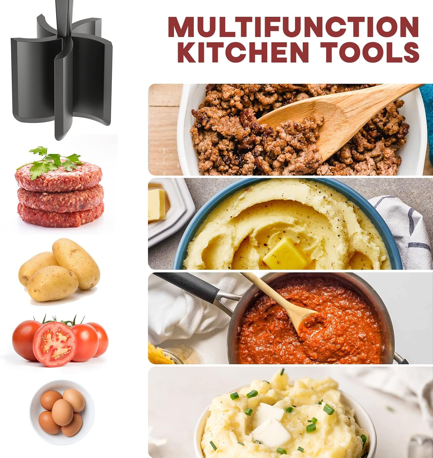 Meat Chopper, Hamburger Grinder, Premium Heat Resistant Smasher for Ground Beef, Burger Grinder Nylon Potato Mix Tool, Meat & Poultry Tenderizers-Black.
