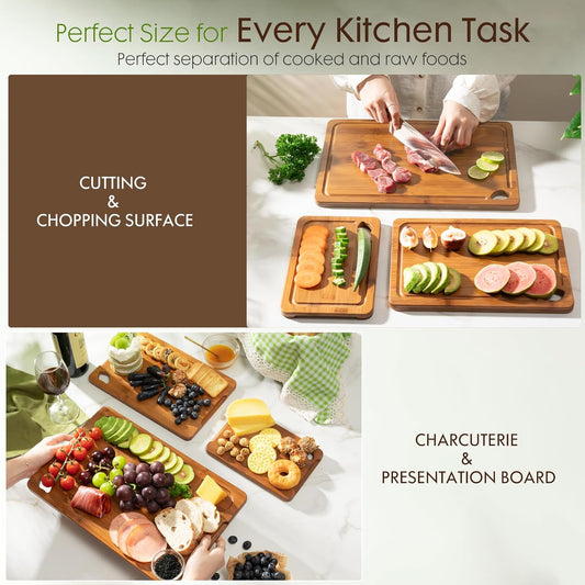 Astercook Deep-Carbonized Bamboo Cutting Boards for Kitchen with Wood Storage Stand, Reversible Charcuterie & Chopping Boards with Juice Grooves.