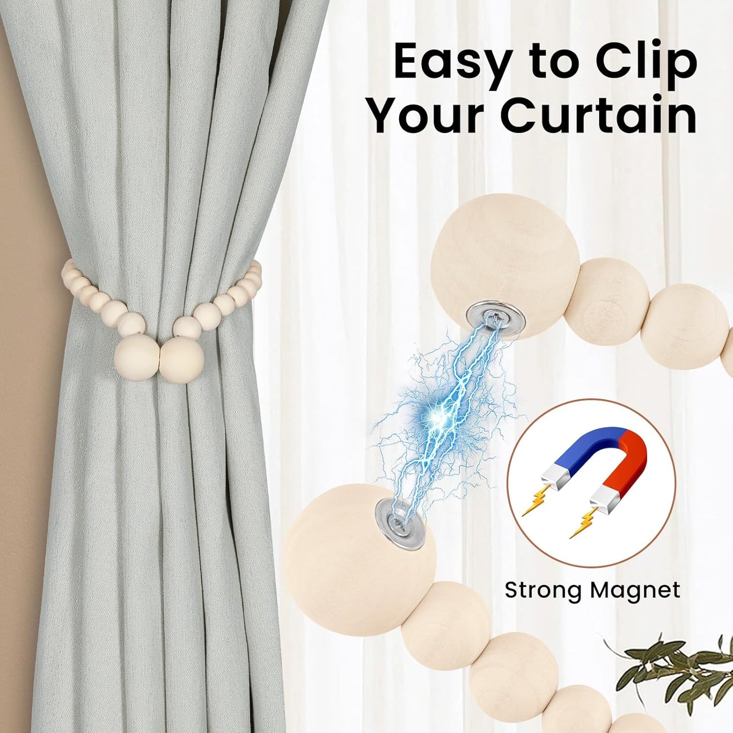 KLOGTSIND Magnetic Curtain Tiebacks, Curtain Holdbacks for Curtains 2 Pack, Wood Bead Curtain Holders for Boho Bedroom Decor, Baby Nursery Decor, Farmhouse...