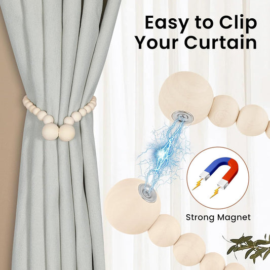 KLOGTSIND Magnetic Curtain Tiebacks, Curtain Holdbacks for Curtains 2 Pack, Wood Bead Curtain Holders for Boho Bedroom Decor, Baby Nursery Decor, Farmhouse...