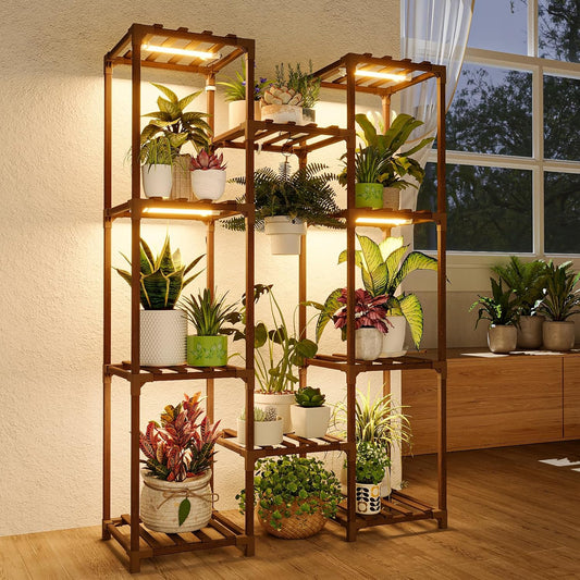Bamworld Plant Stand with Grow Light Plant Shelf for Mutiple Pots Large Plant Holder for Living Room Patio Boho Home Decor for Gardening Warm Light.