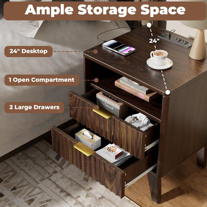 Fluted Nightstand with Charging Station, Modern Bedside Table with 2 Drawers, End Table with Open Storage for Bedroom, Living Room, Walnut.
