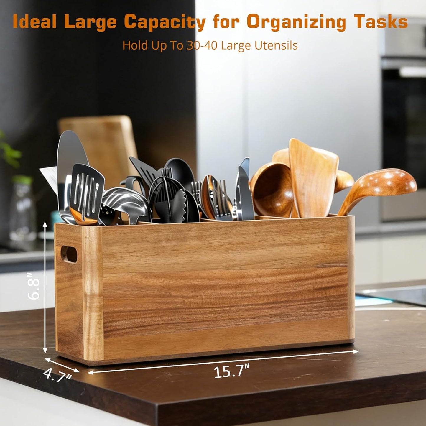 HousewoW Wooden Utensil Holder for Kitchen Counter, Cooking Utensils Holder .