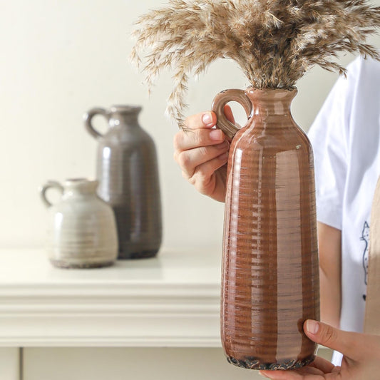 Ceramic Vases Set of 3, Neutral Rustic Farmhouse Vase with Handle.