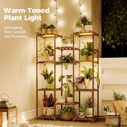 Bamworld Plant Stand with Grow Light Plant Shelf for Mutiple Pots Large Plant Holder for Living Room Patio Boho Home Decor for Gardening Warm Light.