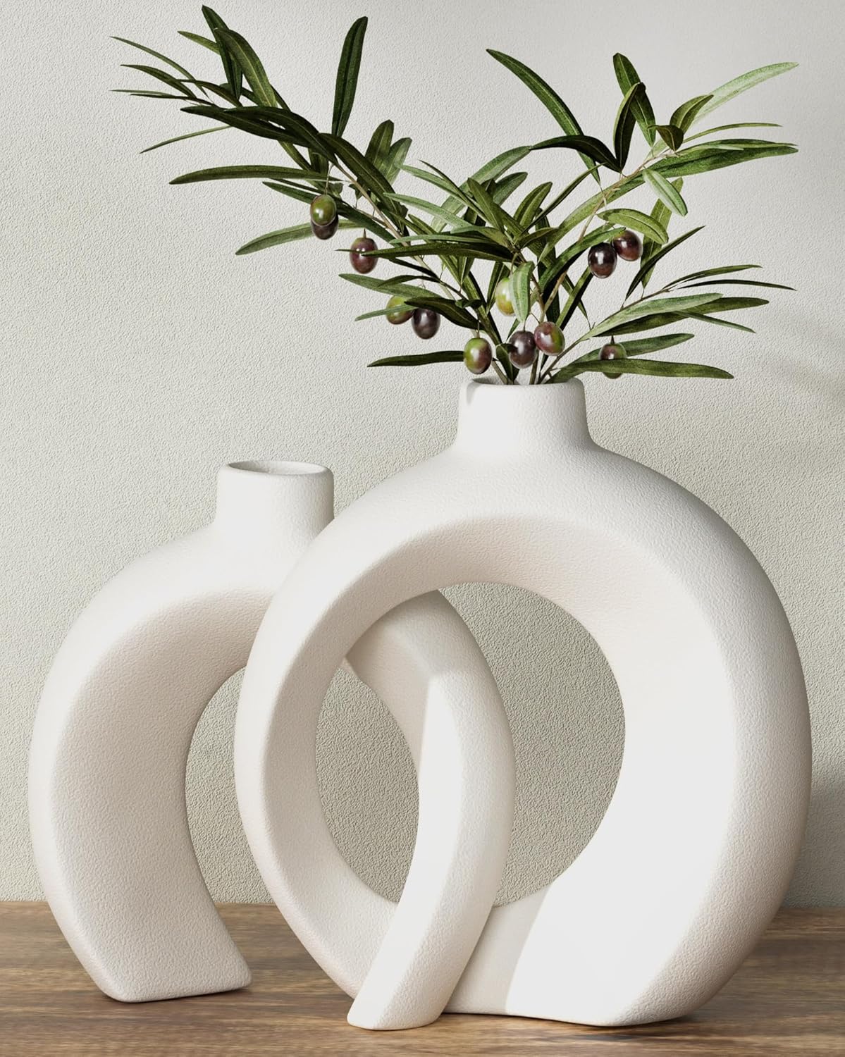 7.2″Hx8.9″H Donut Shape Decorative Vase Set of 2, Ceramic, Modern Minimalism Styles, Flowers or Plant Table Vases for Home Decor Living Room Shelf Entry..