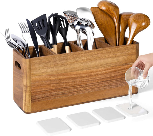 HousewoW Wooden Utensil Holder for Kitchen Counter, Cooking Utensils Holder .