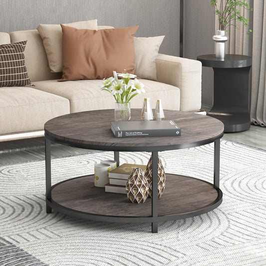 NSdirect Round Coffee Table,36" Coffee Table for Living Room,2-Tier Rustic Wood Desktop with Storage Shelf Modern Design Home Furniture(Light Walnut).
