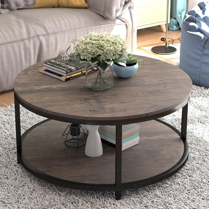 NSdirect Round Coffee Table,36" Coffee Table for Living Room,2-Tier Rustic Wood Desktop with Storage Shelf Modern Design Home Furniture(Light Walnut).