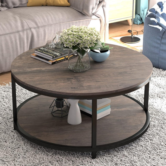 NSdirect Round Coffee Table,36" Coffee Table for Living Room,2-Tier Rustic Wood Desktop with Storage Shelf Modern Design Home Furniture(Light Walnut).