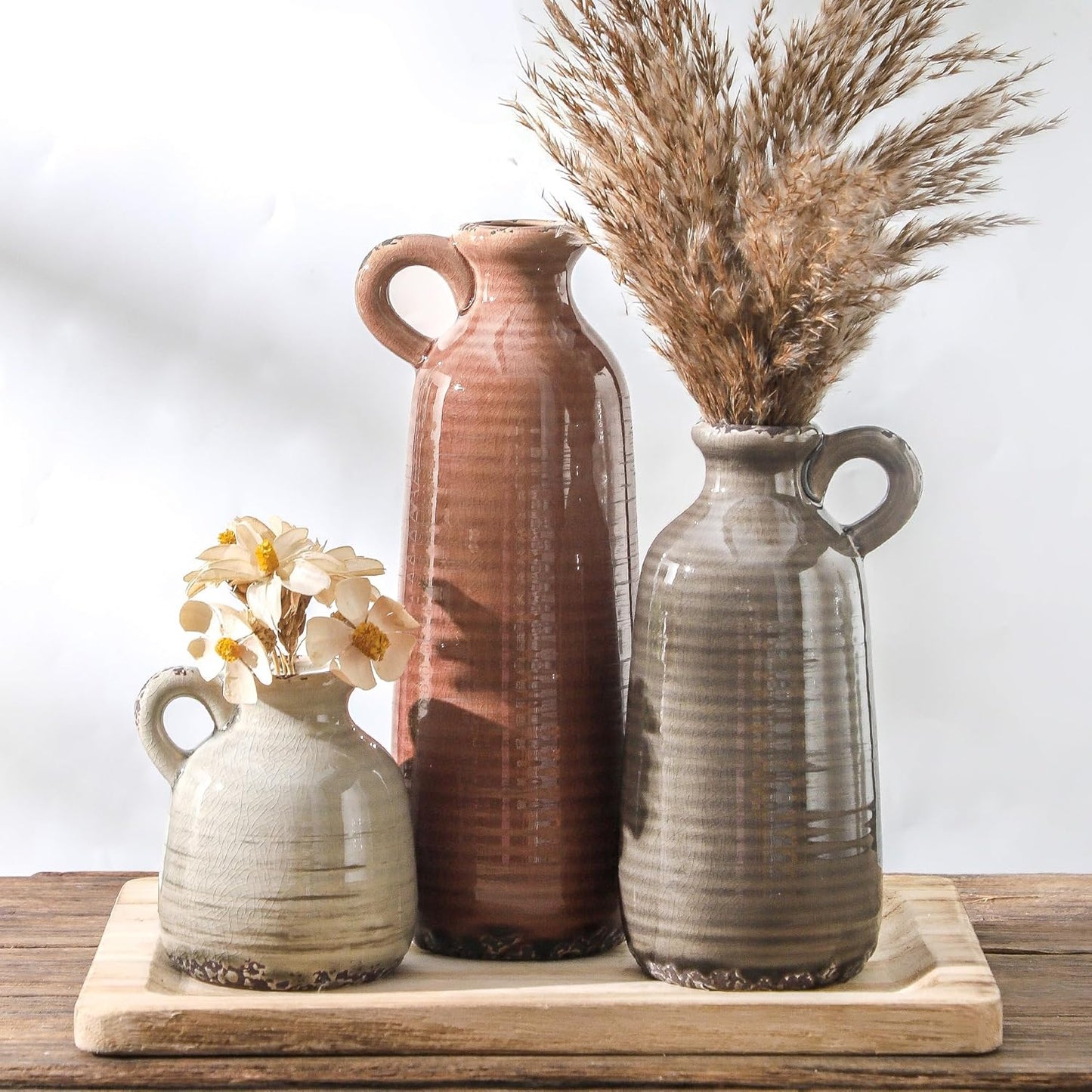 Ceramic Vases Set of 3, Neutral Rustic Farmhouse Vase with Handle.