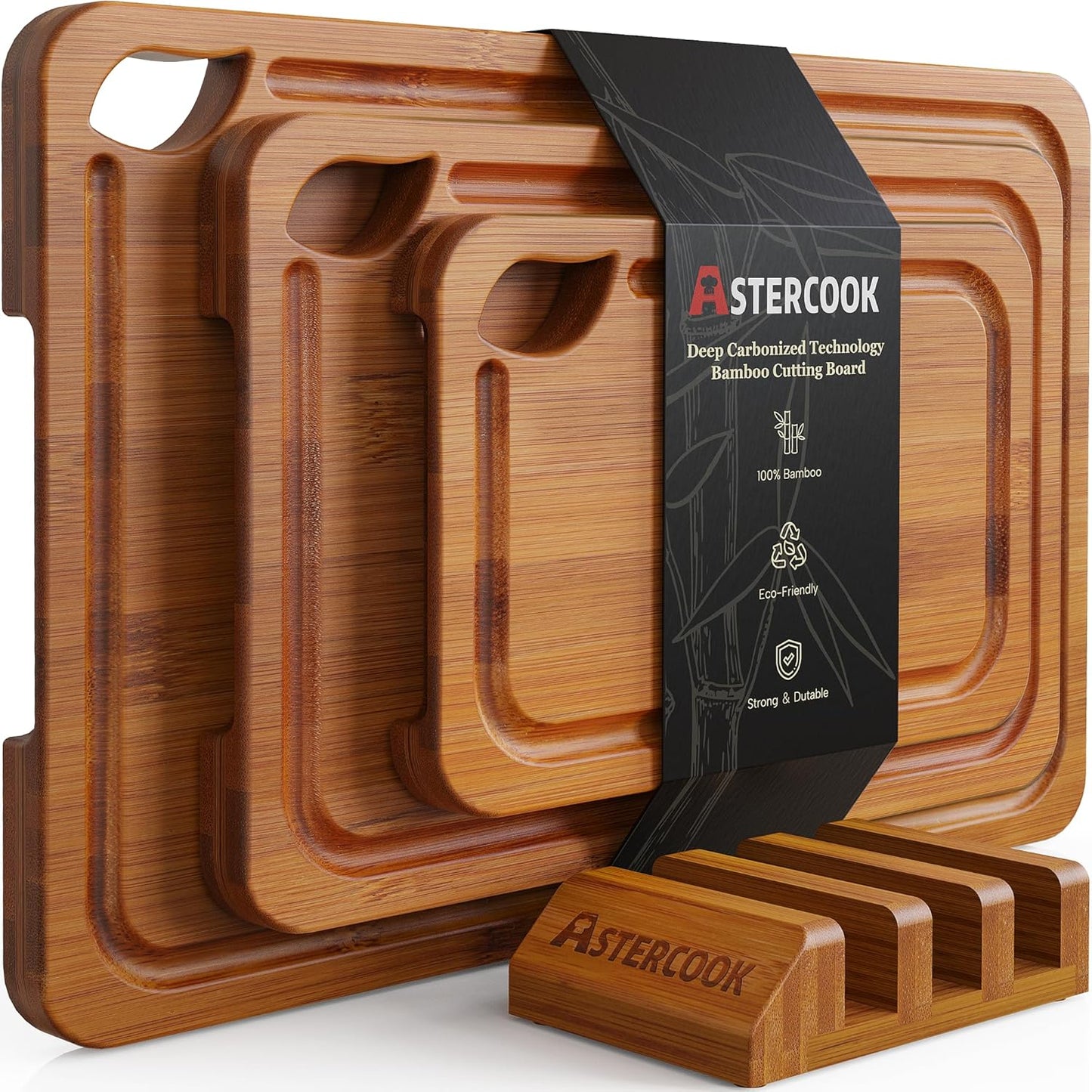 Astercook Deep-Carbonized Bamboo Cutting Boards for Kitchen with Wood Storage Stand, Reversible Charcuterie & Chopping Boards with Juice Grooves.
